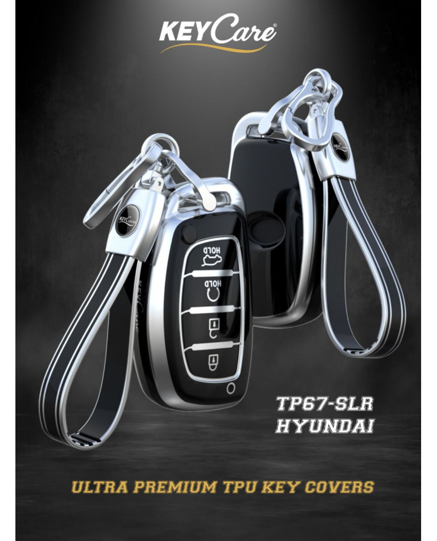 Keycare TPU Key Cover Compatible for Alcazar and Creta 2021 4 Button Smart Key | TP67 Silver Black